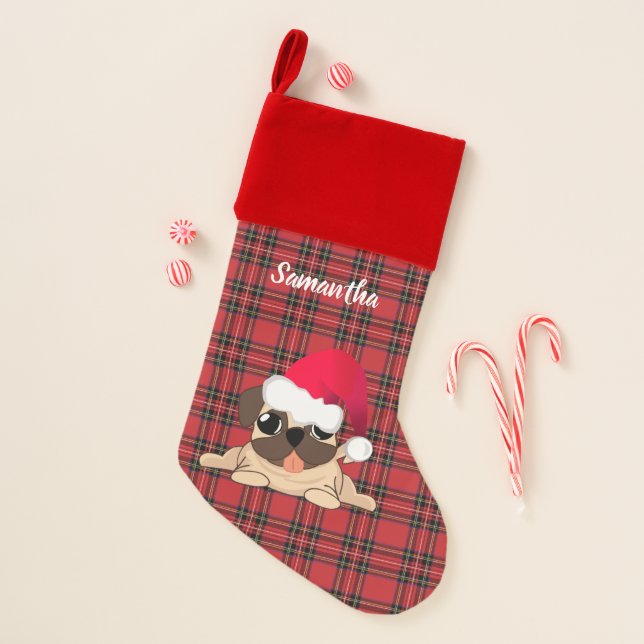 Red Plaid Pug Velvet Lined Christmas Stocking (Front)