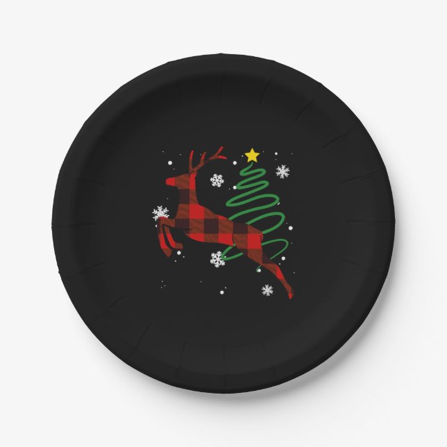 Red Plaid Reindeer Buffalo Deer Christmas Pajama Paper Plates (Front)