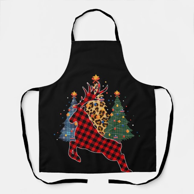 Red Plaid Reindeer Buffalo Deer Family Pajama Apron (Front)