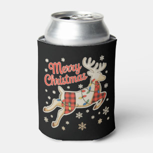 Red Plaid Reindeer Buffalo Merry Christmas Pajama Can Cooler