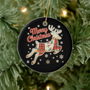 Red Plaid Reindeer Buffalo Merry Christmas Pajama Ceramic Ornament