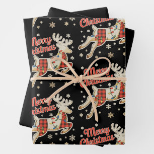 Red Plaid Reindeer Buffalo Merry Christmas Pajama Wrapping Paper Sheets