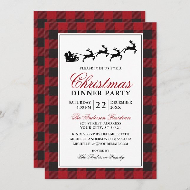 Red Plaid Reindeer Christmas Dinner Party Invitation (Front/Back)