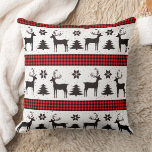 Red Plaid Reindeer & Christmas Tree Throw Pillow