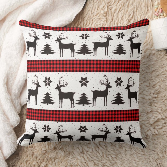 Red Plaid Reindeer & Christmas Tree Throw Pillow (Blanket)