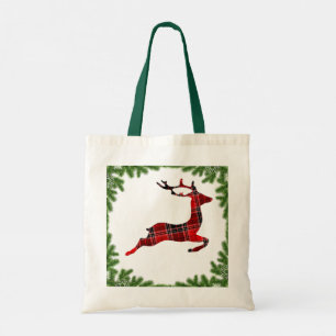 Red Plaid Reindeer Colorful Christmas Holiday  Tote Bag