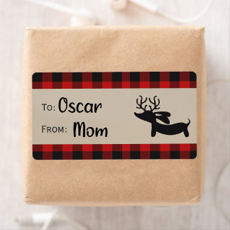 Red Plaid Reindeer Dachshund Gift Tag Labels