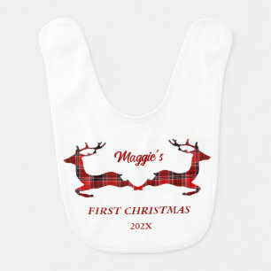 Red Plaid Reindeer First Christmas Baby Bib