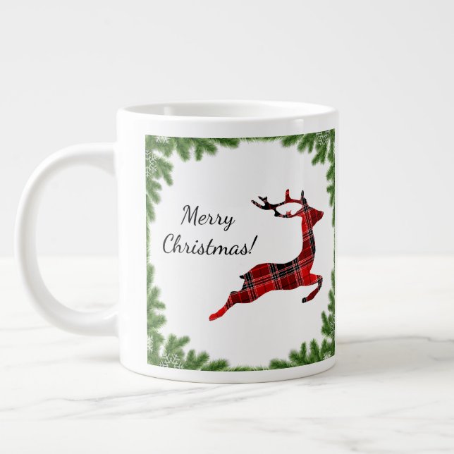 Red Plaid Reindeer Merry Christmas Holiday Giant Coffee Mug (Left)
