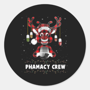 Red Plaid Reindeer Pharmacy Crew Christmas Classic Round Sticker