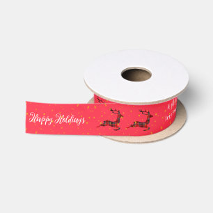 Red Plaid Reindeer Red Satin Christmas Wrap Ribbon