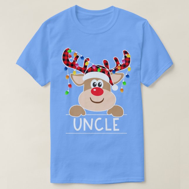 Red Plaid Reindeer Uncle Christmas Light Christmas T-Shirt (Design Front)