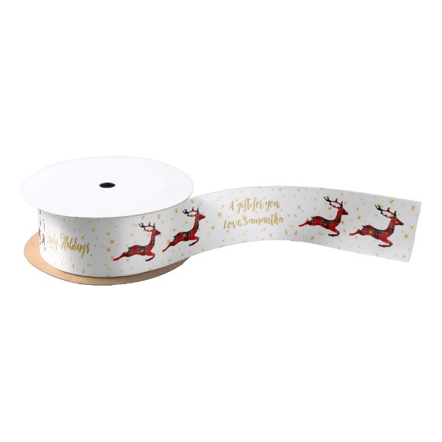 Red Plaid Reindeer White Satin Christmas Wrap Satin Ribbon (Spool)
