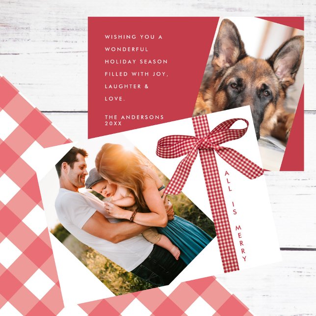 Red Plaid Ribbon Simple 2 Photo Christmas Holiday Card (Creator Uploaded)
