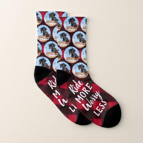 Red Plaid Ride More Worry Less Horse Lover Photo Socks
