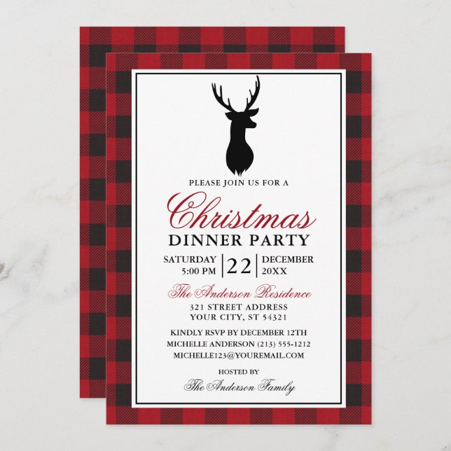 Red Plaid Rustic Christmas Dinner Party Invitation (Front/Back)