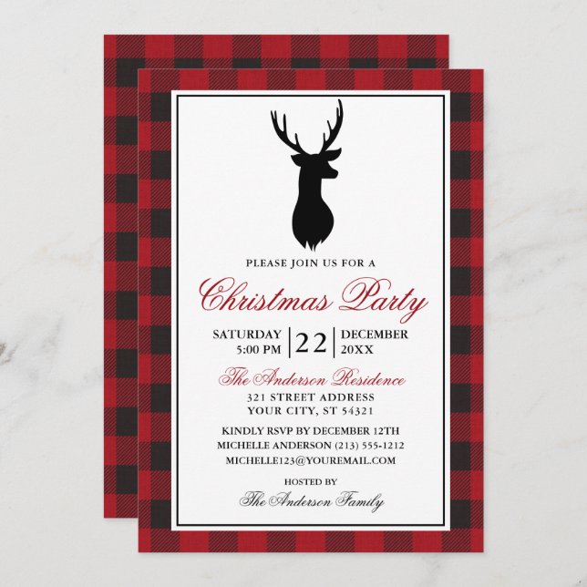 Red Plaid Rustic Christmas Party Invitation (Front/Back)