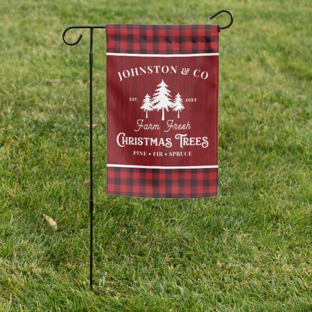Red Plaid Rustic Christmas Tree Farm Weatherproof Garden Flag (In SItu)