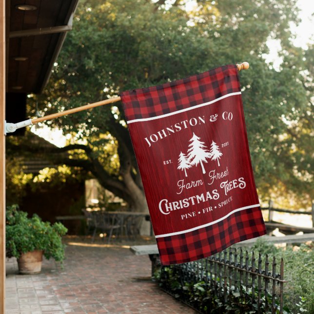 Red Plaid Rustic Christmas Tree Farm Weatherproof House Flag (In SItu)