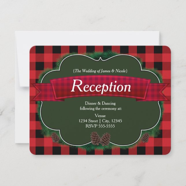 Red Plaid Rustic Country Wedding Reception Card (Front)