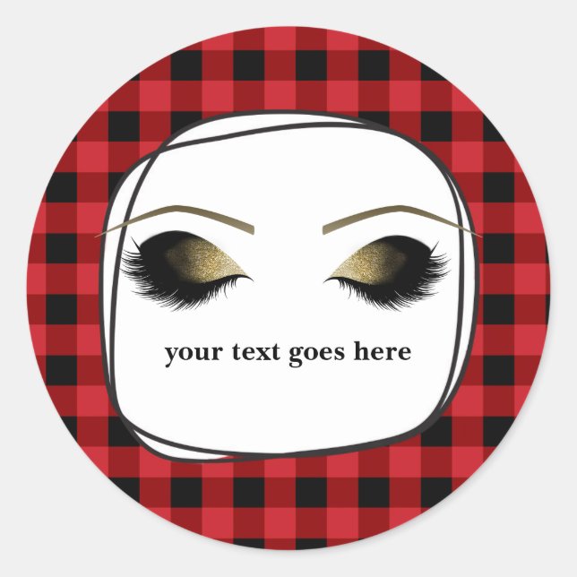 Red Plaid Rustic Glam Gold Makeup Eyelashes Favor Classic Round Sticker (Front)