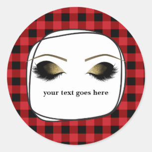 Red Plaid Rustic Glam Gold Makeup Eyelashes Favor Classic Round Sticker