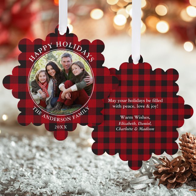 Red Plaid Rustic Happy Holidays Photo Ornament Card (A greeting card that is also an ornament! Customize with your photo and personalized text.)