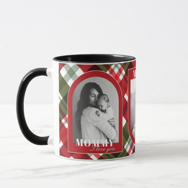  Red Plaid Rustic ILOVE YOU MOMMY 3Photo Christmas Mug (Left)