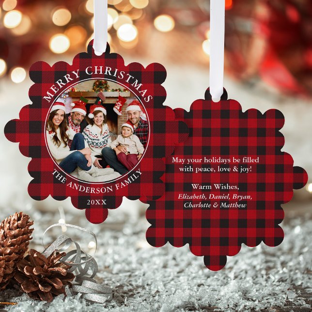 Red Plaid Rustic Merry Christmas Photo Ornament Card (A greeting card that is also an ornament! Customize with your photo and personalized text.)