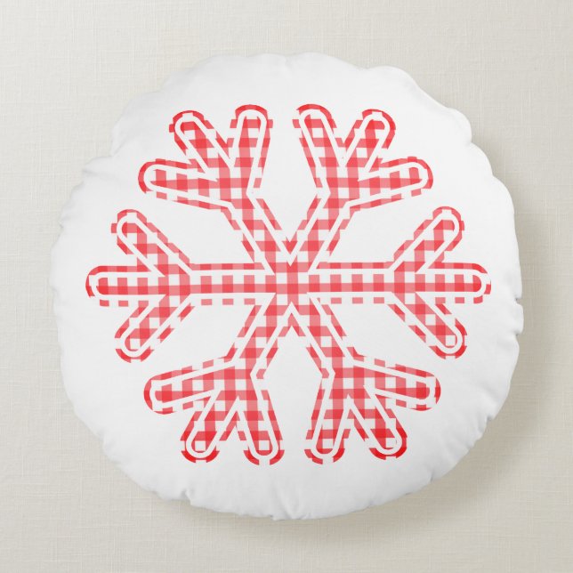 Red Plaid Rustic Snowflake Christmas Holiday Round Pillow (Front)