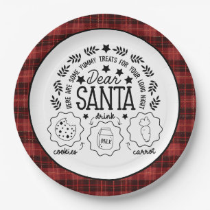 Red Plaid Santa Milk and Cookies Paper Plates