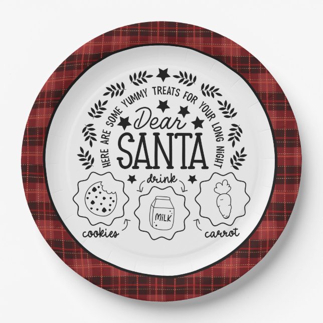 Red Plaid Santa Milk and Cookies Paper Plates (Front)