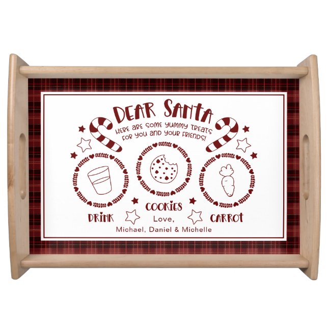 Red Plaid Santa Milk and Cookies Personalized Serving Tray (Front)