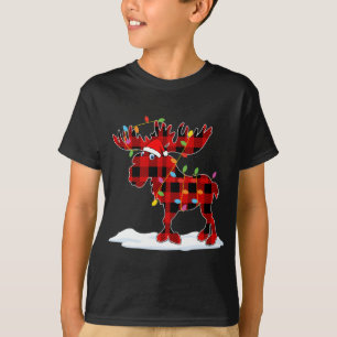 Red Plaid Santa Moose Xmas Lights Animal Lover Fam T-Shirt