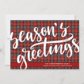 Red Plaid Script SEASONS GREETINGS Holiday Card | Zazzle