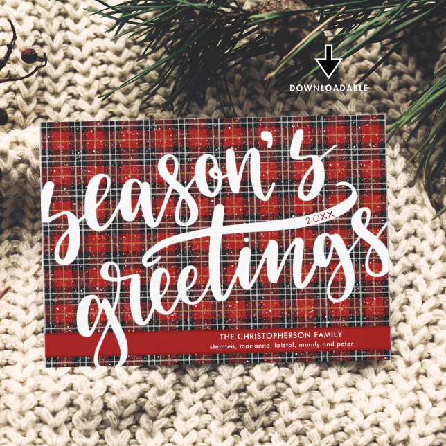 Red Plaid Script SEASONS GREETINGS Holiday Card | Zazzle