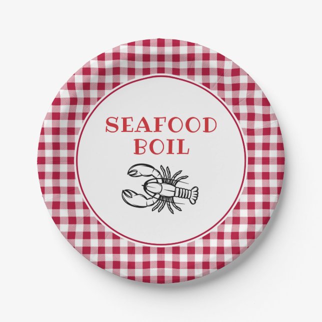 Red Plaid Seafood Boil Party Paper Plates (Front)