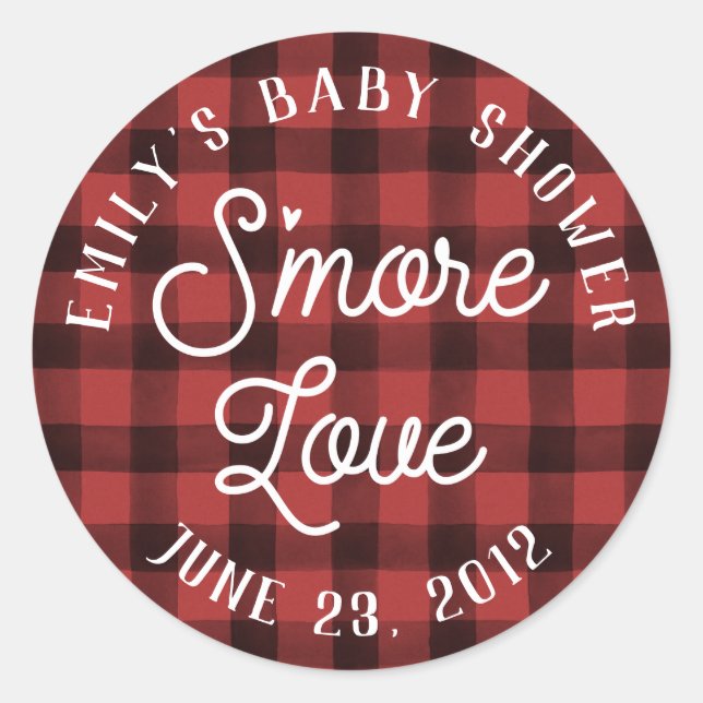 Red Plaid S'more Love Baby Shower Favor Sticker (Front)