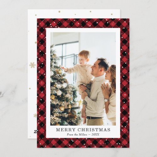 Red Plaid Snow Photo Merry Christmas Card