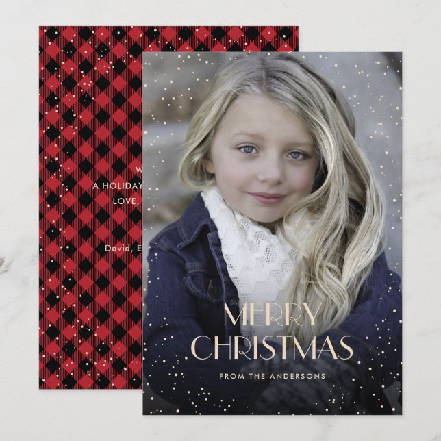 Red Plaid Snow Sparkle Photo Christmas Cards (Front/Back)