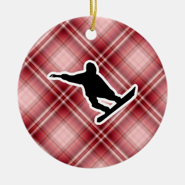 Red Plaid Snowboarding Ceramic Ornament (Front)