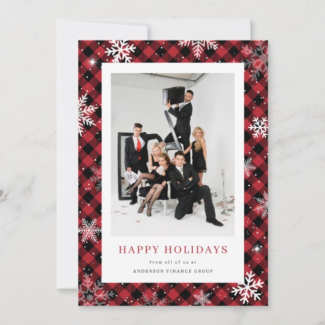 Red Plaid Snowflake Photo Corporate Business Holiday Card (Front)