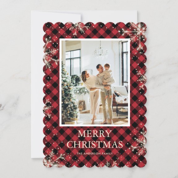 Red Plaid Snowflake Photo Merry Christmas Card