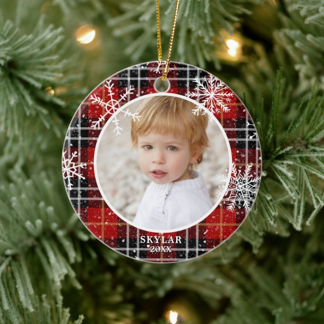 Red Plaid Snowflake Photo Name Year Ceramic Ornament (Tree)