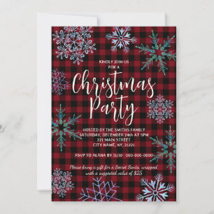 Red Plaid Snowflakes Christmas Party Invitation