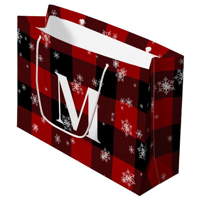 Red Plaid & Snowflakes Monogram Initial Winter Large Gift Bag (Front Angled)