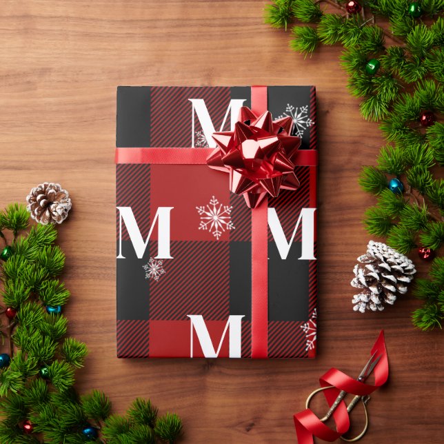 Red Plaid & Snowflakes Monogram Initial Winter Wrapping Paper (Holiday Gift)