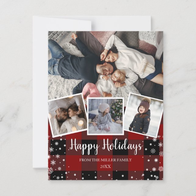 Red plaid snowflakes multi photo collage Holiday Card (Front)