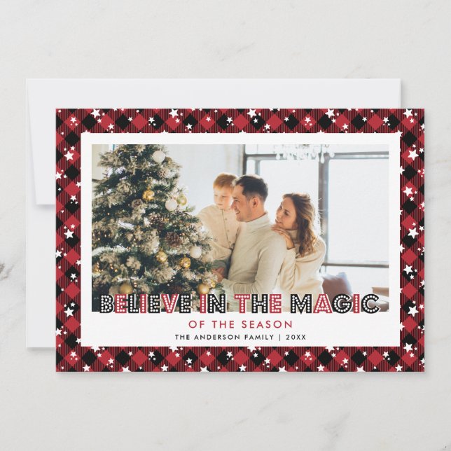 Red Plaid Stars Believe Photo Christmas Card (Front)