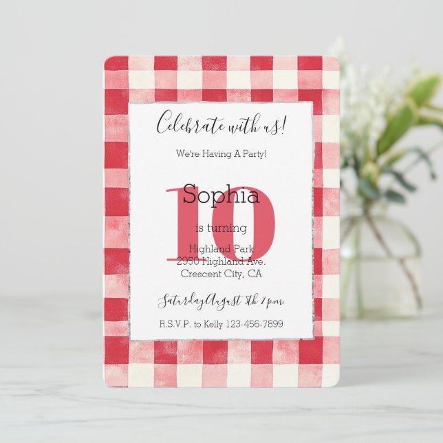Red Plaid Stripes 10th Birthday Invitation (Standing Front)